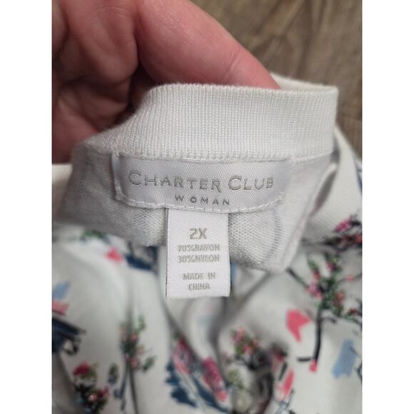 Charter Club Cardigan Sweater White Beaded Casual Button Trees Bicycle Plus 2X - Picture 5 of 6